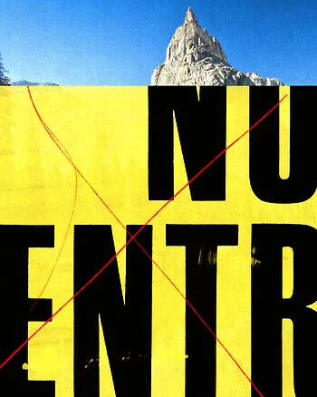 A collage a photograph of the top of a mountain and a poster that reads, “N U E N T I” in black text over a bright yellow background.