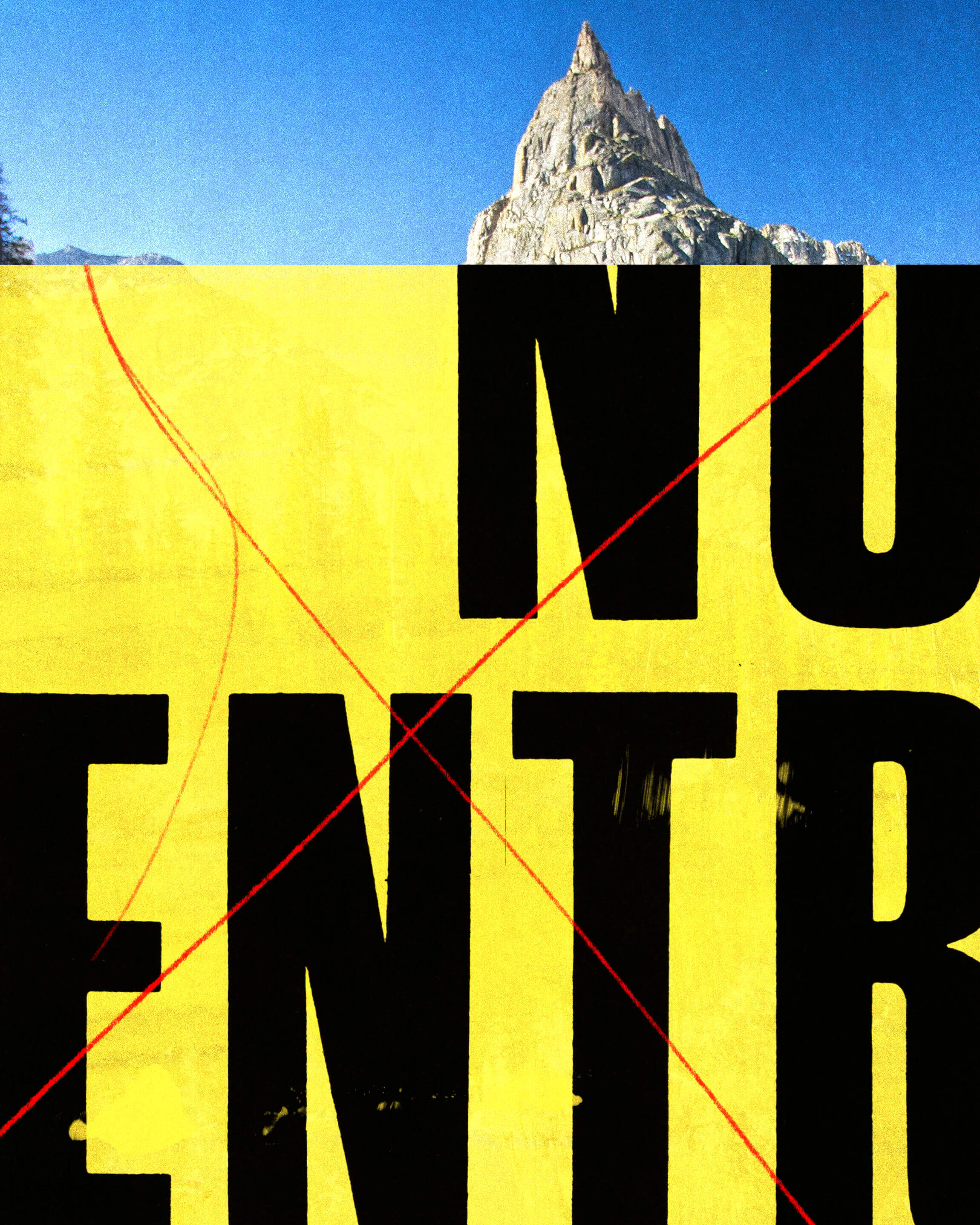 A collage a photograph of the top of a mountain and a poster that reads, “N U E N T I” in black text over a bright yellow background.