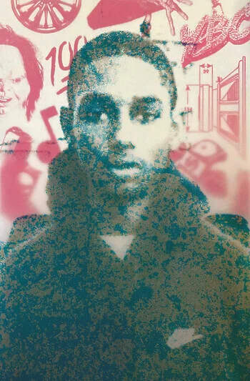 A digital composite of a young black man wearing a dark hoodie is laid over a background of two-dimensional illustrations of objects.