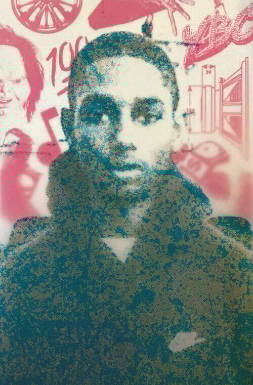 A digital composite of a young black man wearing a dark hoodie is laid over a background of two-dimensional illustrations of objects.