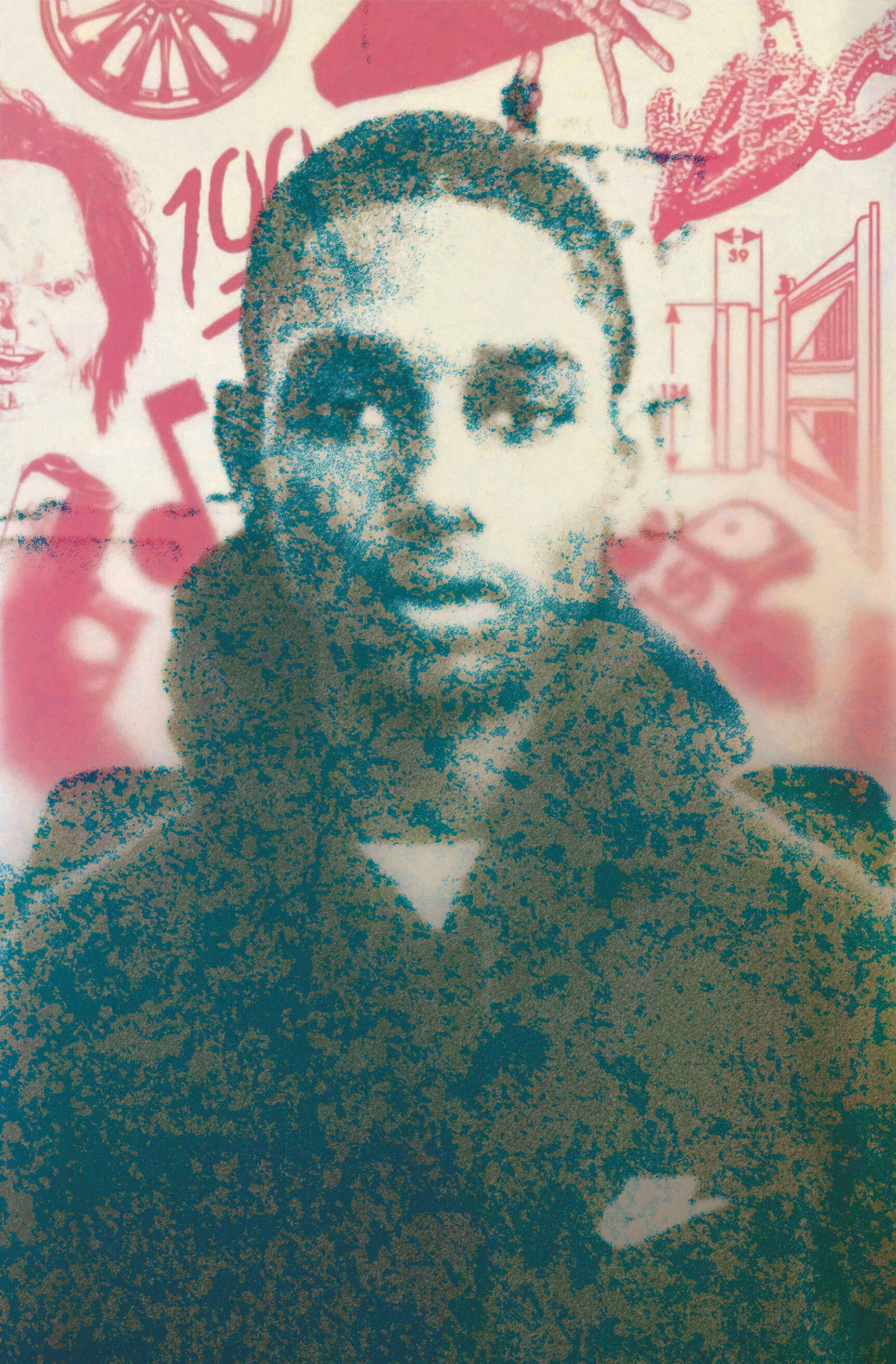 A digital composite of a young black man wearing a dark hoodie is laid over a background of two-dimensional illustrations of objects.