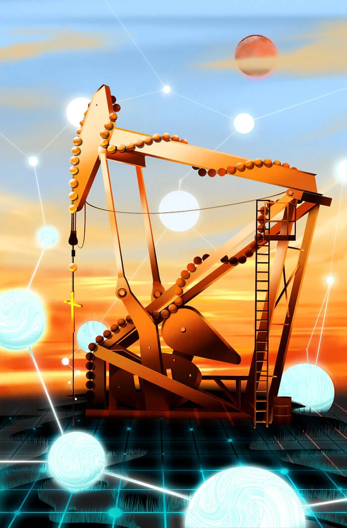 An illustration of a crane in a dark field after sunset, surrounded by large blue bubbles connected by lines, suggesting they are molecules.