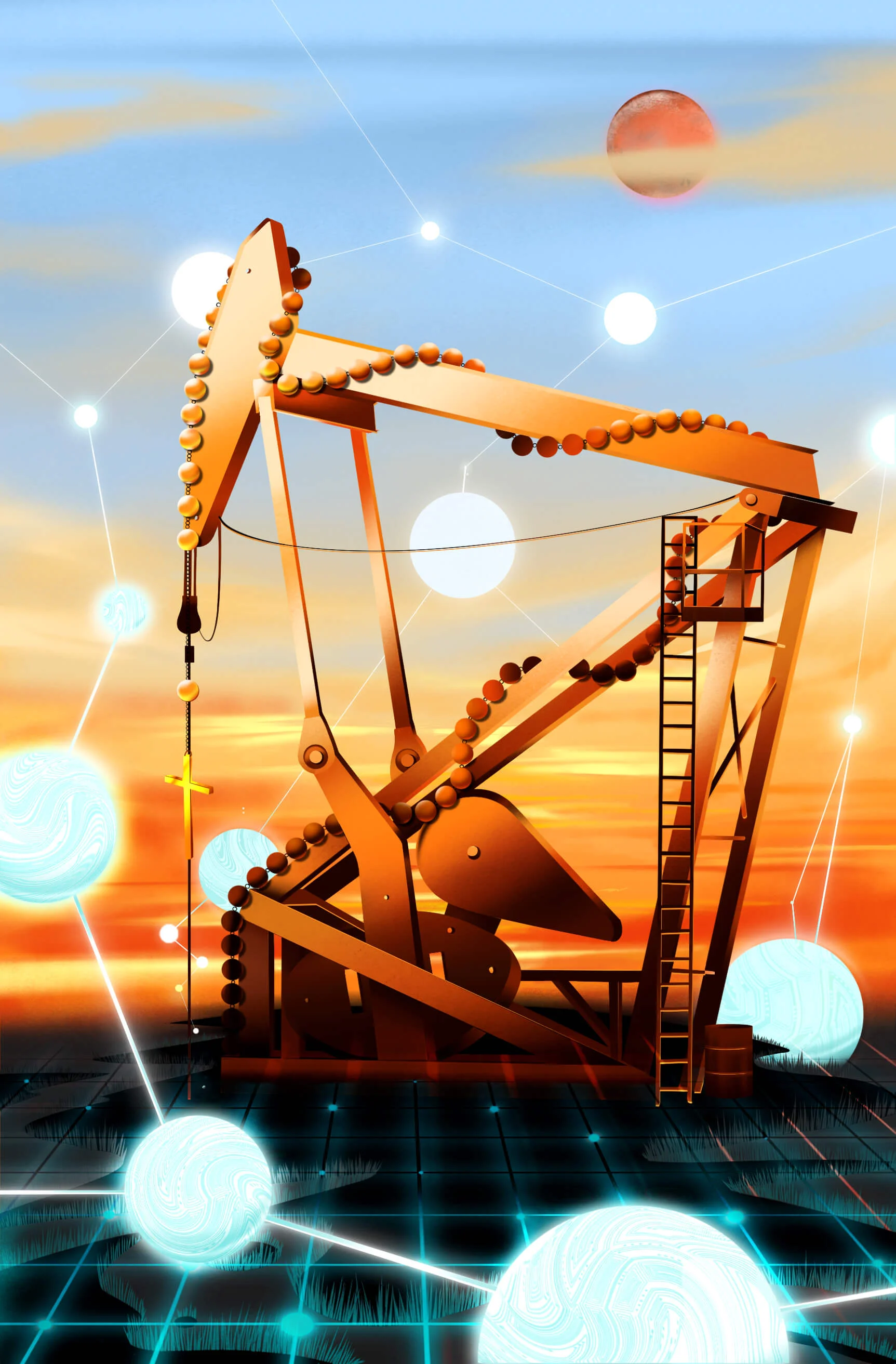 An illustration of a crane in a dark field after sunset, surrounded by large blue bubbles connected by lines, suggesting they are molecules.