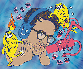 An illustration of a man with short brown hair wearing black-rimmed glasses and anthropomorphized headphones, with the ear muffs horned and smiling deviously, as is the microphone, which also has a tail with an arrow at the end. Two anthropomorphized floating ears are on either side of him, one kicking his hand, and the other hugging his hair, with hearts for pupils.