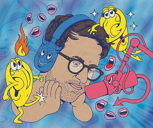 An illustration of a man with short brown hair wearing black-rimmed glasses and anthropomorphized headphones, with the ear muffs horned and smiling deviously, as is the microphone, which also has a tail with an arrow at the end. Two anthropomorphized floating ears are on either side of him, one kicking his hand, and the other hugging his hair, with hearts for pupils.