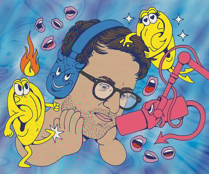An illustration of a man with short brown hair wearing black-rimmed glasses and anthropomorphized headphones, with the ear muffs horned and smiling deviously, as is the microphone, which also has a tail with an arrow at the end. Two anthropomorphized floating ears are on either side of him, one kicking his hand, and the other hugging his hair, with hearts for pupils.