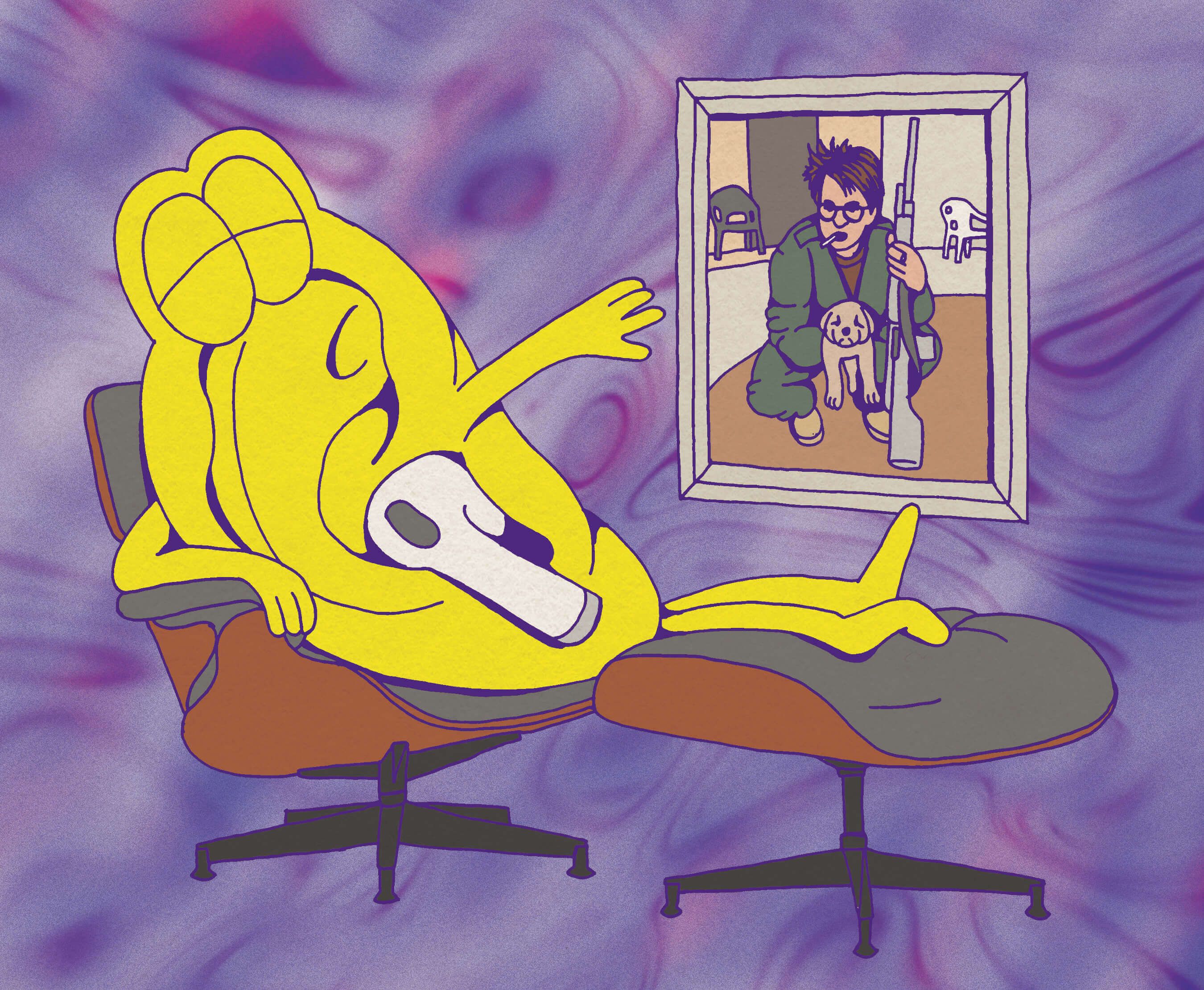 One anthropomorphized ear lays back in a therapist’s chair with an ear bud in its canal. Above the ottoman is a portrait of a man with brown hair, holding a puppy in one hand and a rifle in the other.
