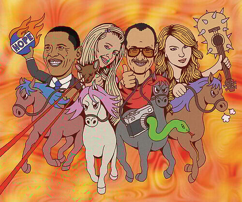 An illustration of four people riding horses toward the viewer. From left to right: Barack Obama holds a flaming button that reads “hope,” Paris Hilton holds a chihuahua with red lasers coming out of its eyes, Terry Richardson gives a thumbs up while a snake comes out of the lens of a camera hanging from his neck, and Taylor Swift holds an acoustic guitar with spikes all around it.