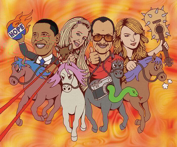 An illustration of four people riding horses toward the viewer. From left to right: Barack Obama holds a flaming button that reads “hope,” Paris Hilton holds a chihuahua with red lasers coming out of its eyes, Terry Richardson gives a thumbs up while a snake comes out of the lens of a camera hanging from his neck, and Taylor Swift holds an acoustic guitar with spikes all around it.