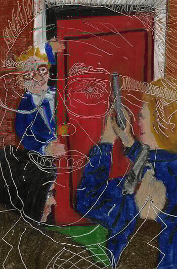 A painting depicts a man with orange hair wearing a blue suit and tie, opening a red door into a room where another man in a blue jacket holds a gun in both hands, pointed up toward the ceiling. Behind both of them, another person wearing a brown coat and a black hoodie also carries a gun pointed up toward the ceiling.
