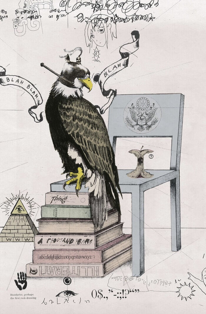 An illustration of an eagle wearing a falcon hood sits atop a stack of books, in front of a chair with the American seal printed on its back, and doodles around the top and bottom of the frame. The bottommost book’s spine reads “Illiterati,” and the ribbons surrounding the eagle read “blah blah blah.”