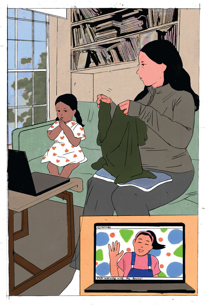 A color illustration of a mother folding clothes next to her toddler, who’s watching a laptop that’s resting on a chair. In the bottom-right corner, there’s a viewport of the laptop screen showing a woman in a pink t-shirt and denim overalls waving to the viewer.