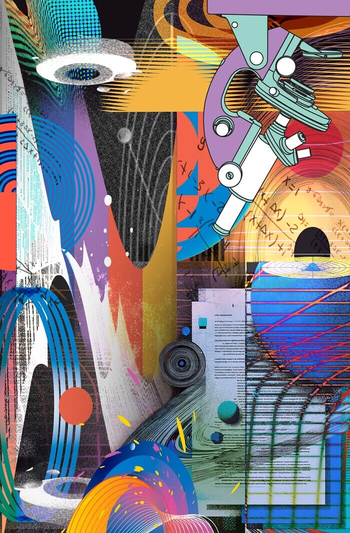 A colorful illustration with many overlapping splashes and layers of geometric shapes, including three-dimensional graphs, circles, and tubes, with an upside-down microscope hanging from the top of the image.
