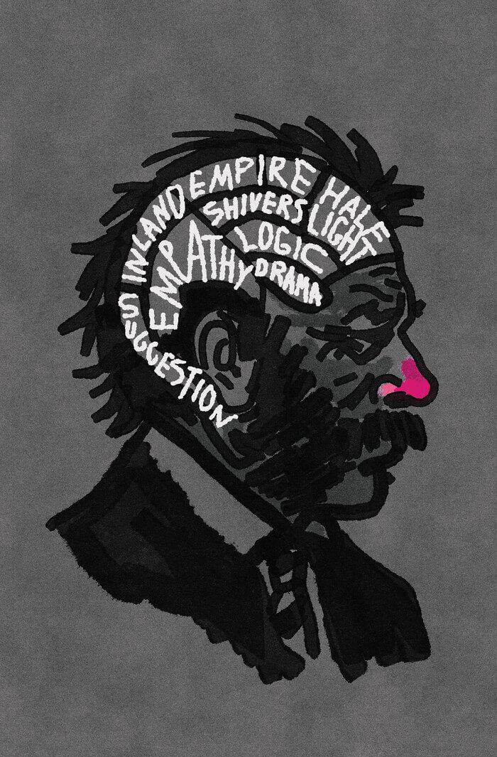 A painting of a suited man with mutton chops and bright pink nose has words written across different sections of his brain. They read “suggestion,” “inland empire,” “empathy,” “shivers,” “half light,” “logic,” and “drama.”