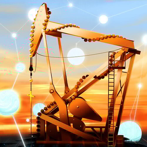 An illustration of a crane in a dark field after sunset, surrounded by large blue bubbles connected by lines, suggesting they are molecules.