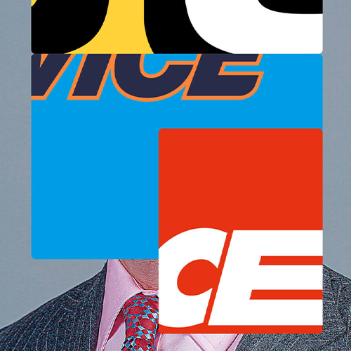 A collage, where the base image is a portrait of a man in a gray pinstriped suit, a pink shirt, and a blue-and-red tie, features three brightly colored text-based images pasted over his face. The letters are cut off; one of the images appears to read “Did You Know We Used To R In This Count Dumbed Dow Michaeloswe Graphic desig.”