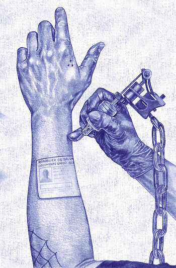 A blue ballpoint pen drawing of two arms from the point of view of the person they belong to. The left arm is naked except for an ID card on his forearm. The right hand wears a latex glove while holding a tattoo gun that is pressed again the skin of the left arm. The tattoo gun has a metal chain links attached to it.