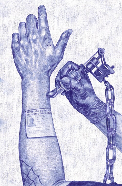 A blue ballpoint pen drawing of two arms from the point of view of the person they belong to. The left arm is naked except for an ID card on his forearm. The right hand wears a latex glove while holding a tattoo gun that is pressed again the skin of the left arm. The tattoo gun has a metal chain links attached to it.