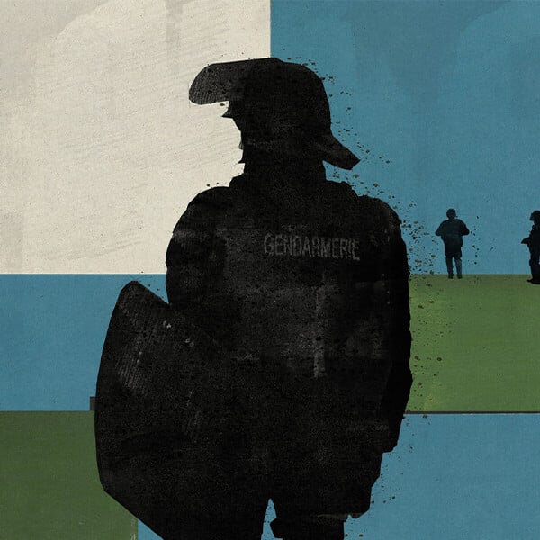 A painting of the silhouettes of men in tactical gear standing before a grid of beige, blue, and green, with one larger figure standing in the center.