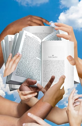 A digital collage set on a background of blue skies and white clouds, where various hands are holding open a book that's stacked atop three other open books.