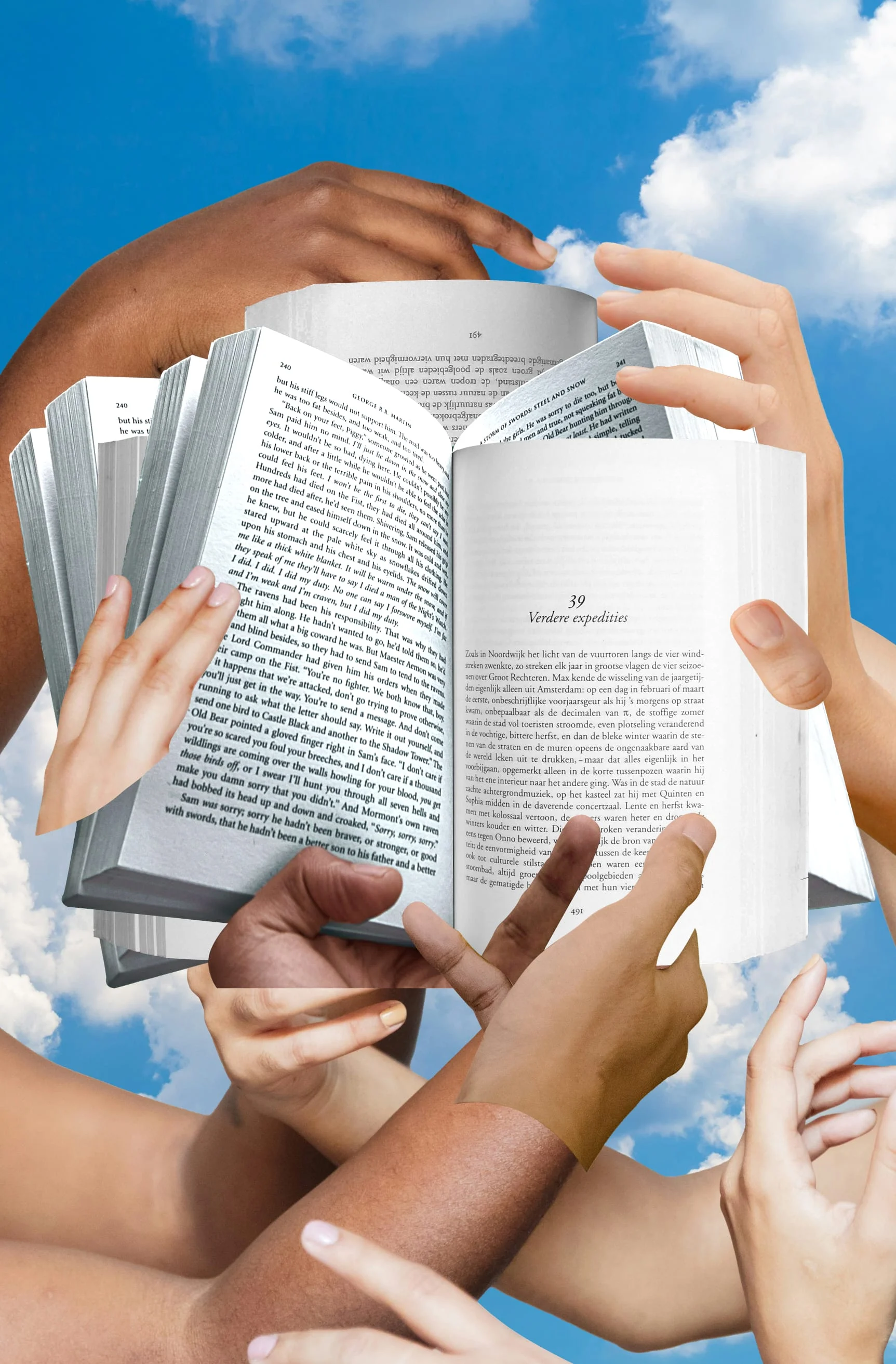 A digital collage set on a background of blue skies and white clouds, where various hands are holding open a book that's stacked atop three other open books.