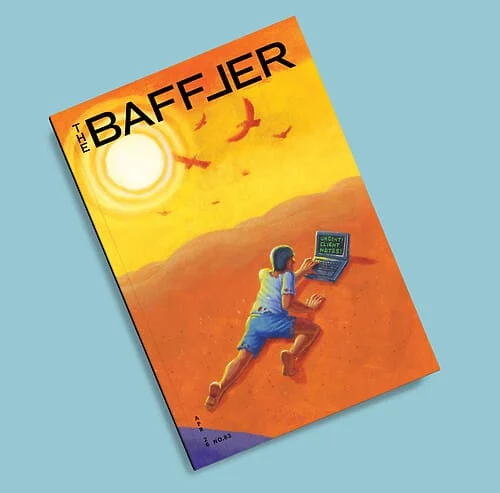 A man in tattered clothes lies on desert sand, under a blazing sun with birds circling overhead, while he uses a laptop that reads, "Technology Urgent Help," on the screen.