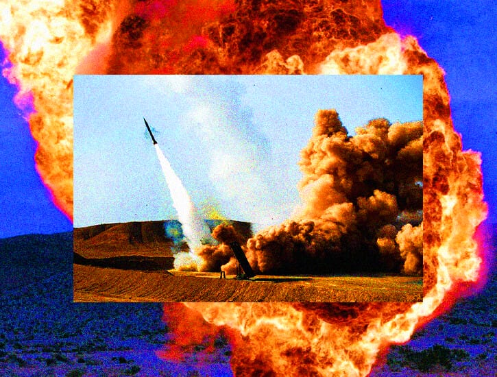 A collage featuring two photos: the first is of a missile being launched, the second is of a fireball.