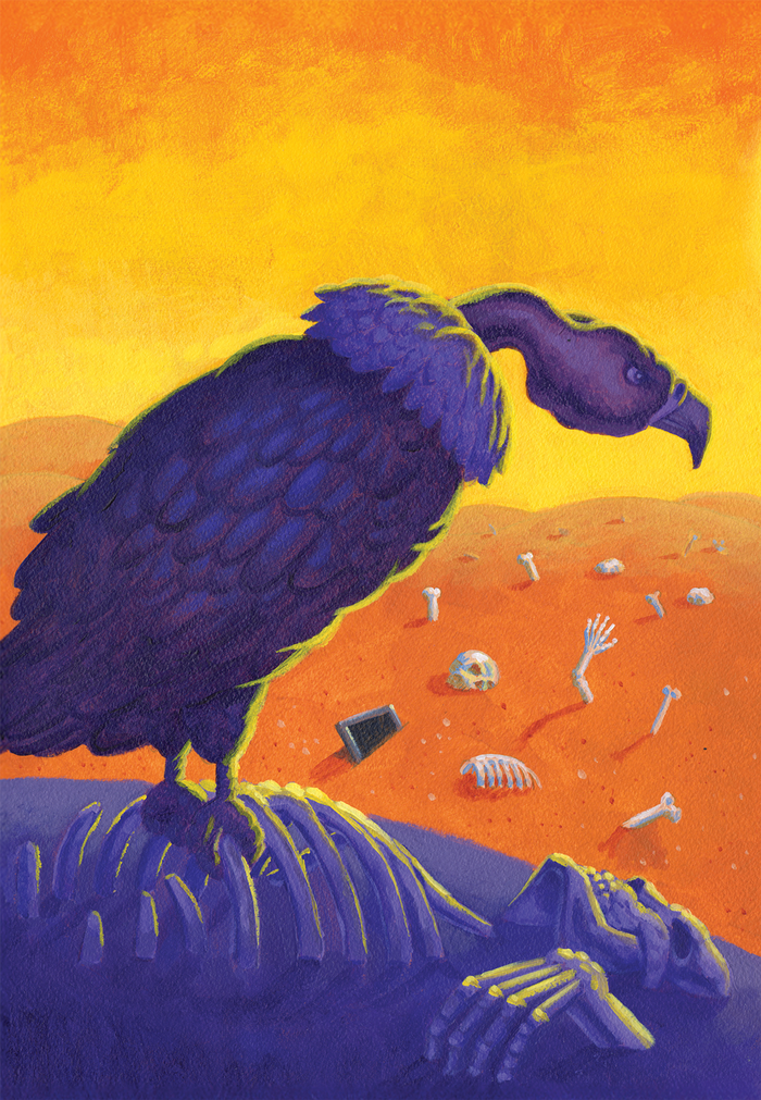 Illustration of a dark purple vulture perched on a rib cage in a desert scattered with bones, under a bright yellow-orange sky.