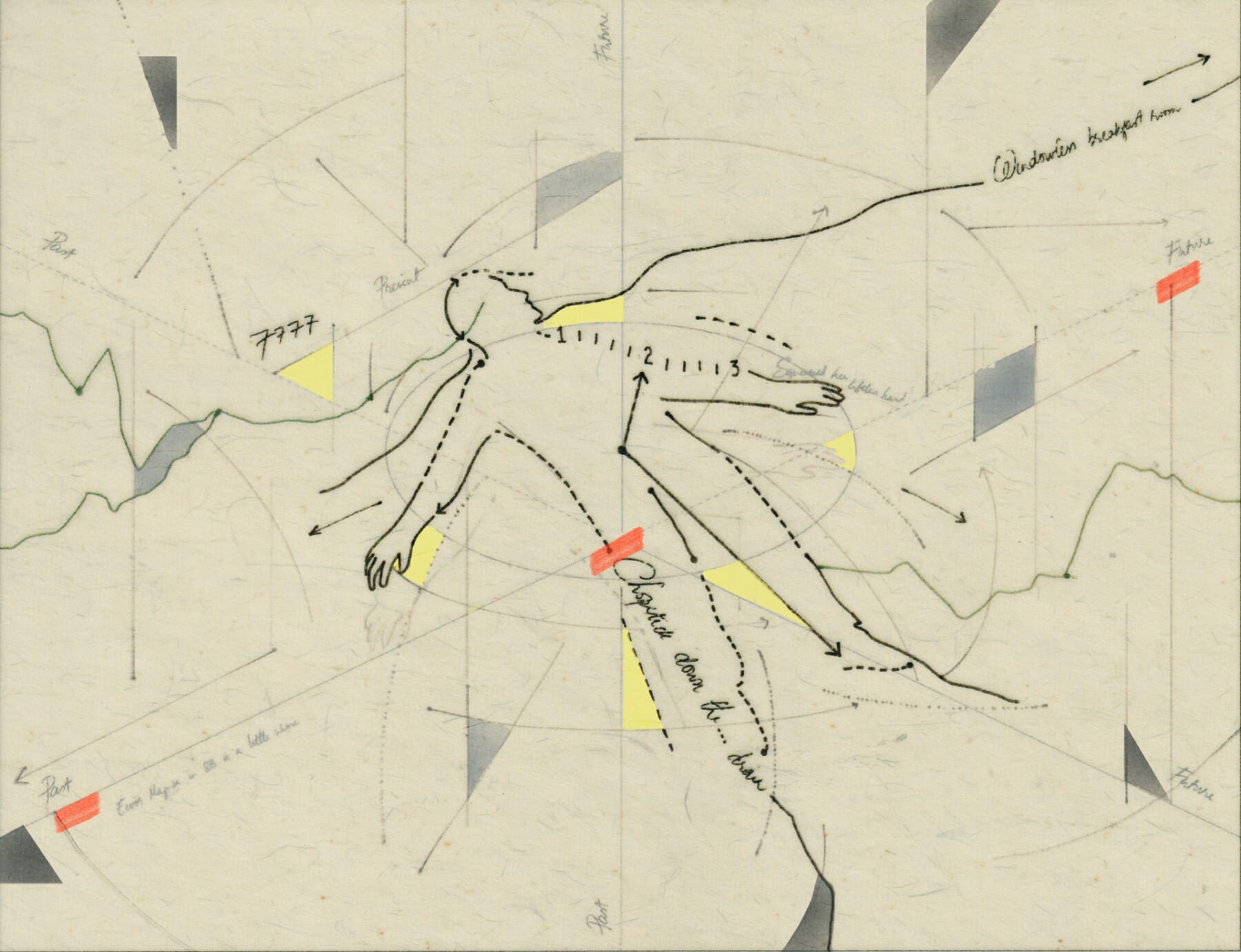 A line drawing of a human form is intersected by several lines, two of which form the hands of a clock.