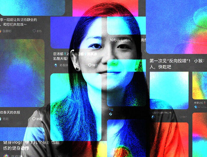 A photo of the journalist Yi-Ling Liu overlaid with colorful posts from RedNote.
