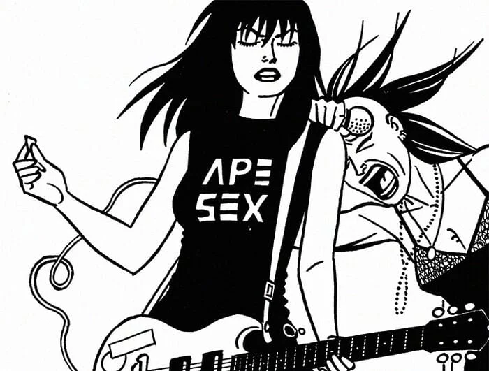 A woman in a tank top plays a guitar while, to her left, a punk rocker holds a microphone and cries out.
