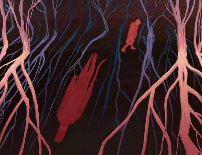 In a forest, two shadowy figures: that of a person walking off to the right and then of what appears to be a man holding a weapon.