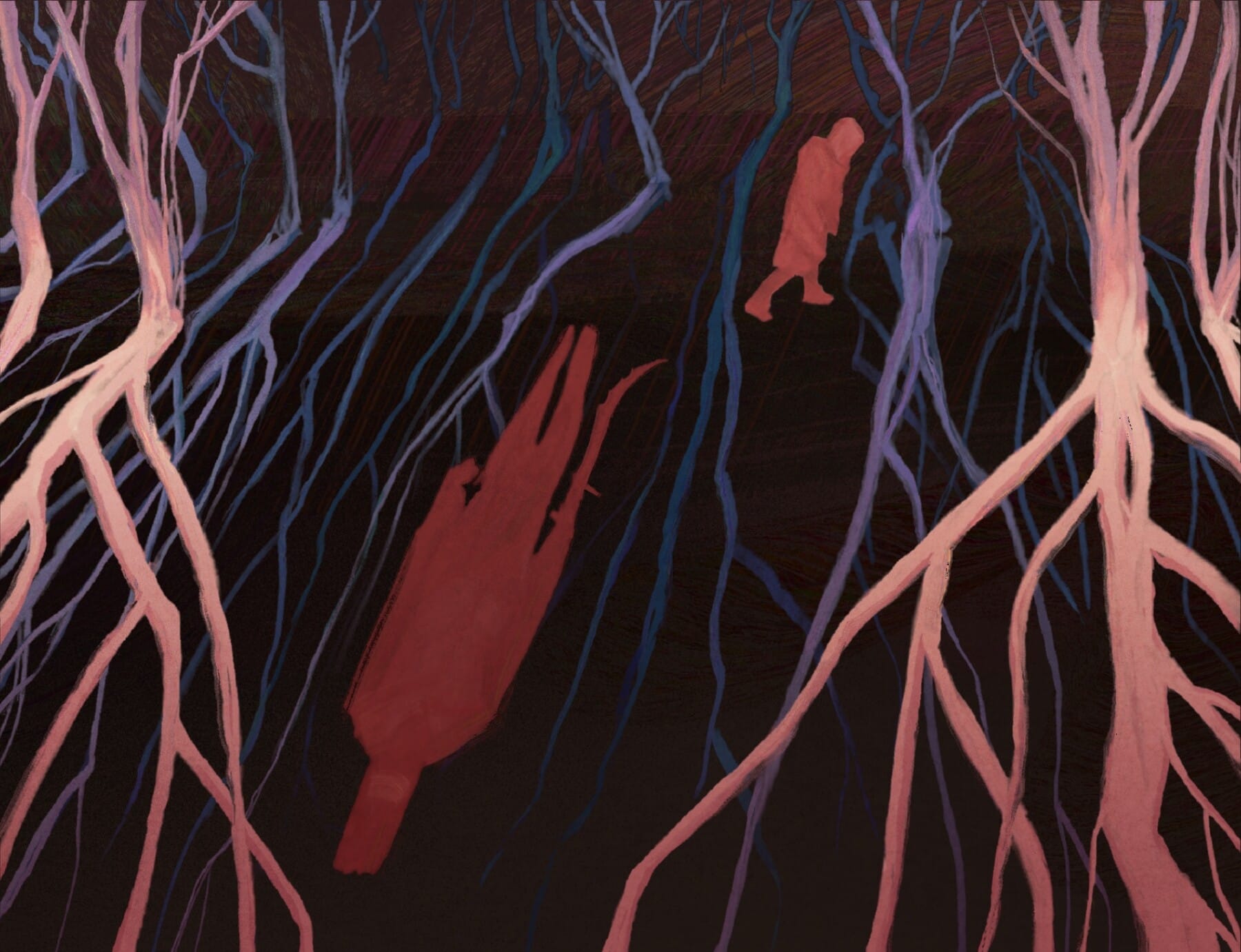 In a forest, two shadowy figures: that of a person walking off to the right and then of what appears to be a man holding a weapon.