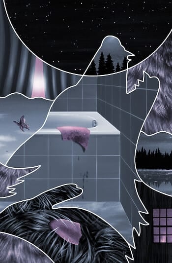 An abstract collage features a bathroom with a dripping towel draped over the edge of a bathtub. Outlined silhouettes of a howling wolf, a rabbit, and a moon are laid over the image, and other scenes sit inside the frames, including a butterfly in the sky, a pond at night, and close-ups of fur.