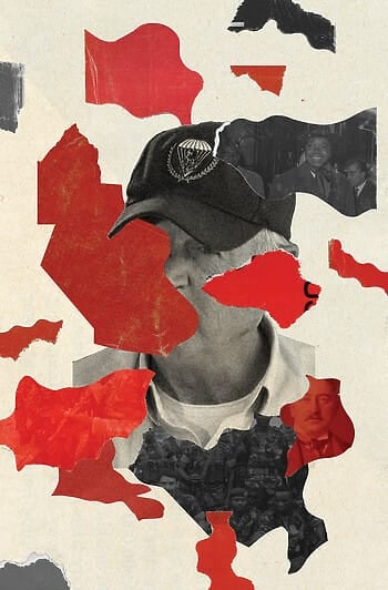 An abstract collage of a man wearing a baseball cap with scraps of red and gray paper with images of people pasted on top of him. The tone is mysterious, as though there is something to uncover.