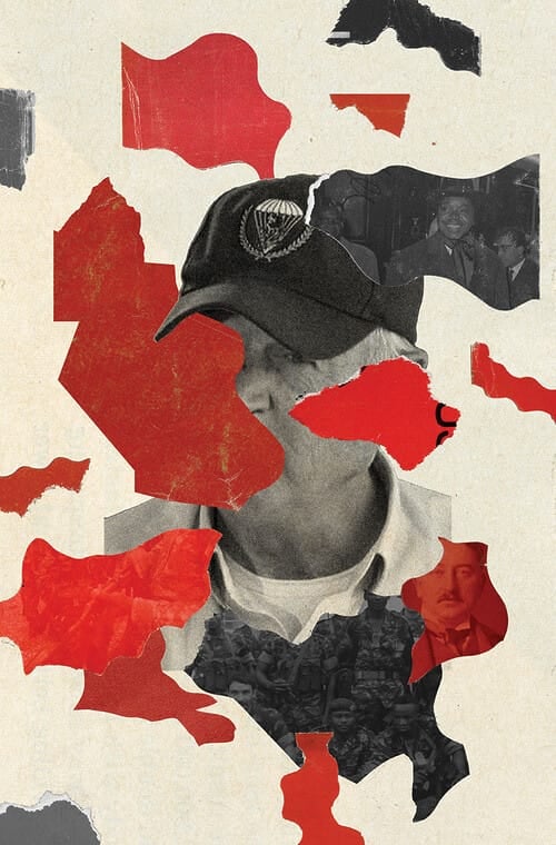 An abstract collage of a man wearing a baseball cap with scraps of red and gray paper with images of people pasted on top of him. The tone is mysterious, as though there is something to uncover.