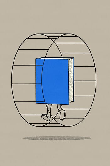 A blue cartoonish hardcover book with legs runs inside a wireframe hamster wheel.