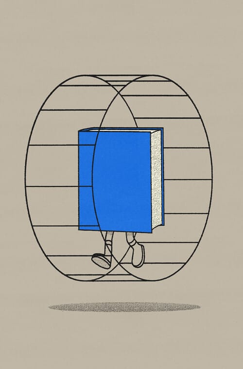 A blue cartoonish hardcover book with legs runs inside a wireframe hamster wheel.