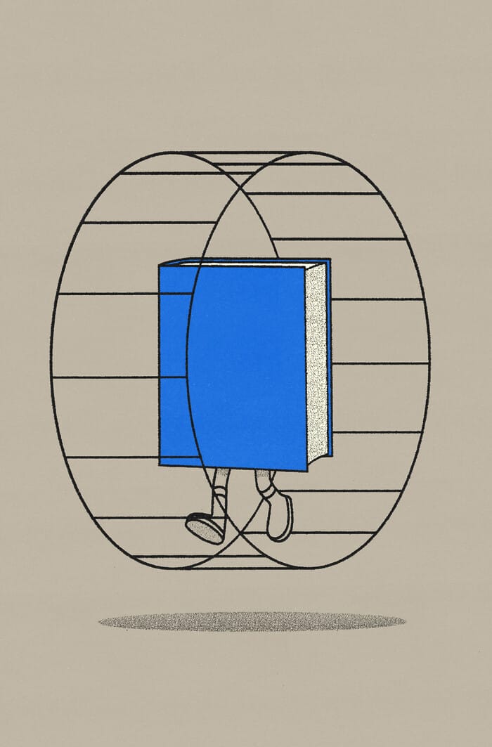 A blue cartoonish hardcover book with legs runs inside a wireframe hamster wheel.