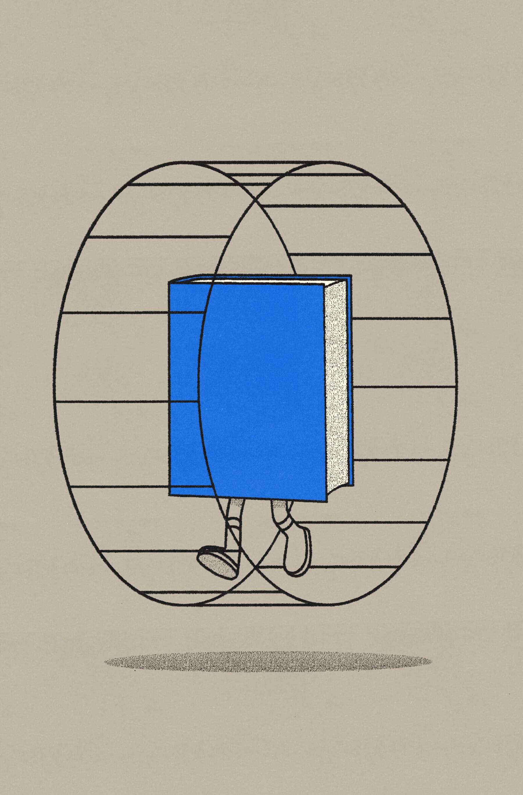 A blue cartoonish hardcover book with legs runs inside a wireframe hamster wheel.