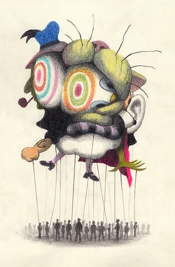 A large parade balloon featuring various cartoonish figures enveloping one another is tethered to strings held by a crowd below.