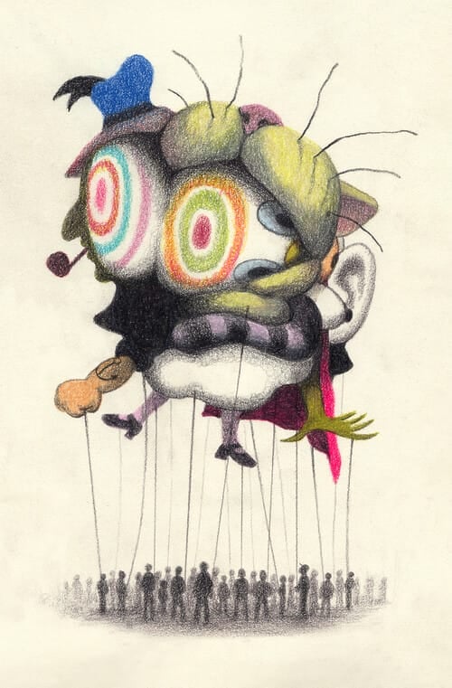 A large parade balloon featuring various cartoonish figures enveloping one another is tethered to strings held by a crowd below.