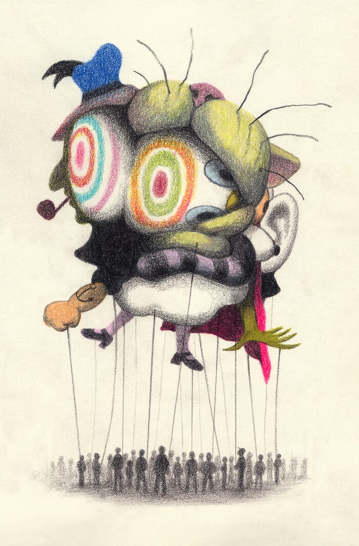 A large parade balloon featuring various cartoonish figures enveloping one another is tethered to strings held by a crowd below.