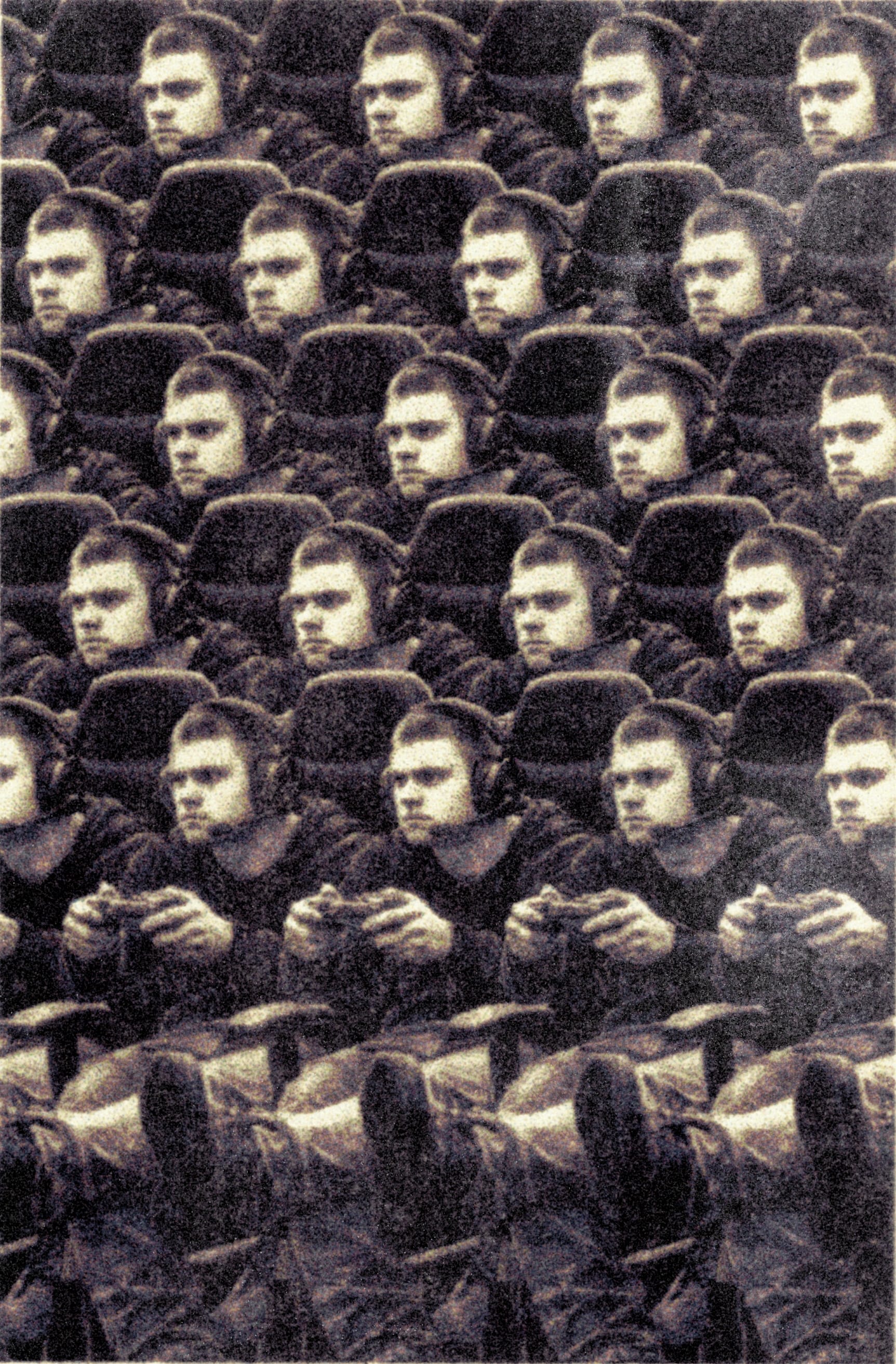 A collage of a white man is repeated over multiple rows, creating a pattern. He is wearing headphones with a microphone piece, sitting with one leg up in a gaming chair, holding a controller.