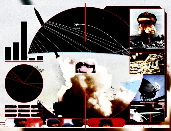 A collage featuring images of missiles launching, a bomb exploding, a slice of pizza, and various charts.