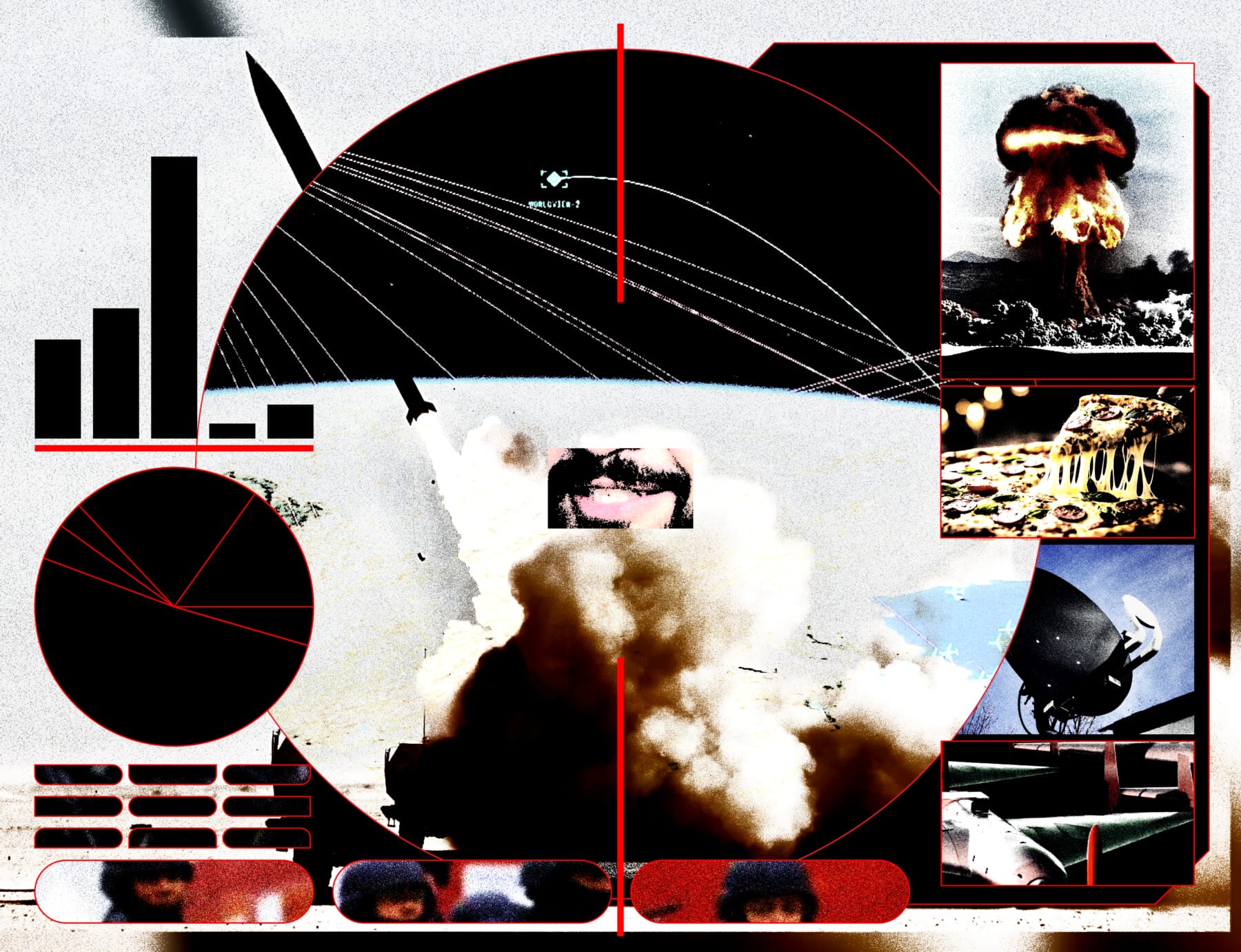 A collage featuring images of missiles launching, a bomb exploding, a slice of pizza, and various charts.