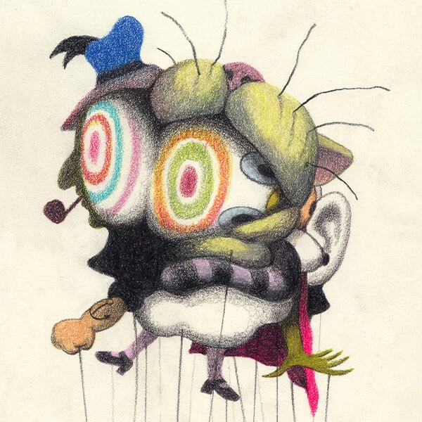 A large parade balloon featuring various cartoonish figures enveloping one another is tethered to strings held by a crowd below.