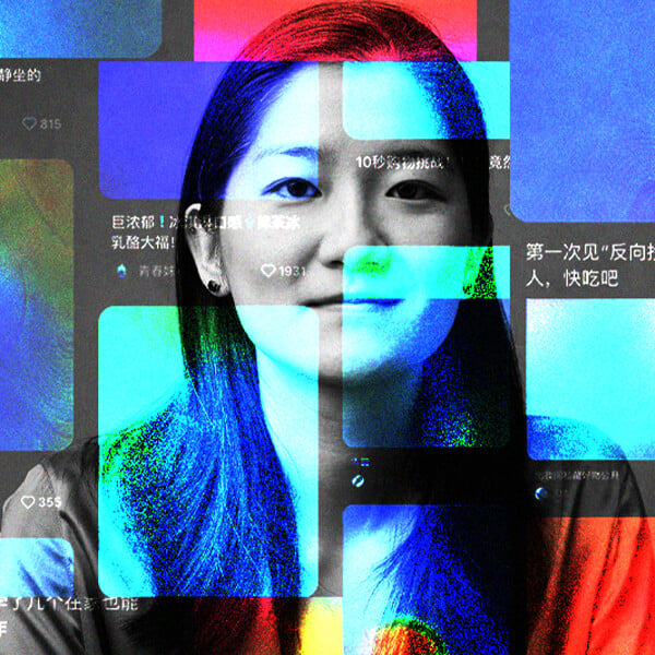 A photo of the journalist Yi-Ling Liu overlaid with colorful posts from RedNote.