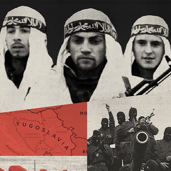 A collage depicts three men wearing white shemaghs (headscarves), a red map of Yugoslavia, soldiers loading artillery, and a group of armed men. The tone is grim and militaristic.
