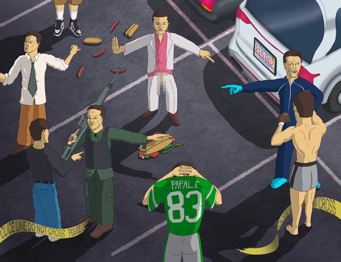 A group of men dressed as various characters played by Mark Wahlberg, including Dirk Diggler, Sergeant Dignam, and John Bennett.